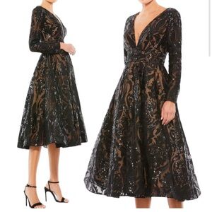 Mac Duggal Dress 14 Black Sequin Embellished A-Line Cocktail Long Sleeve Plunge